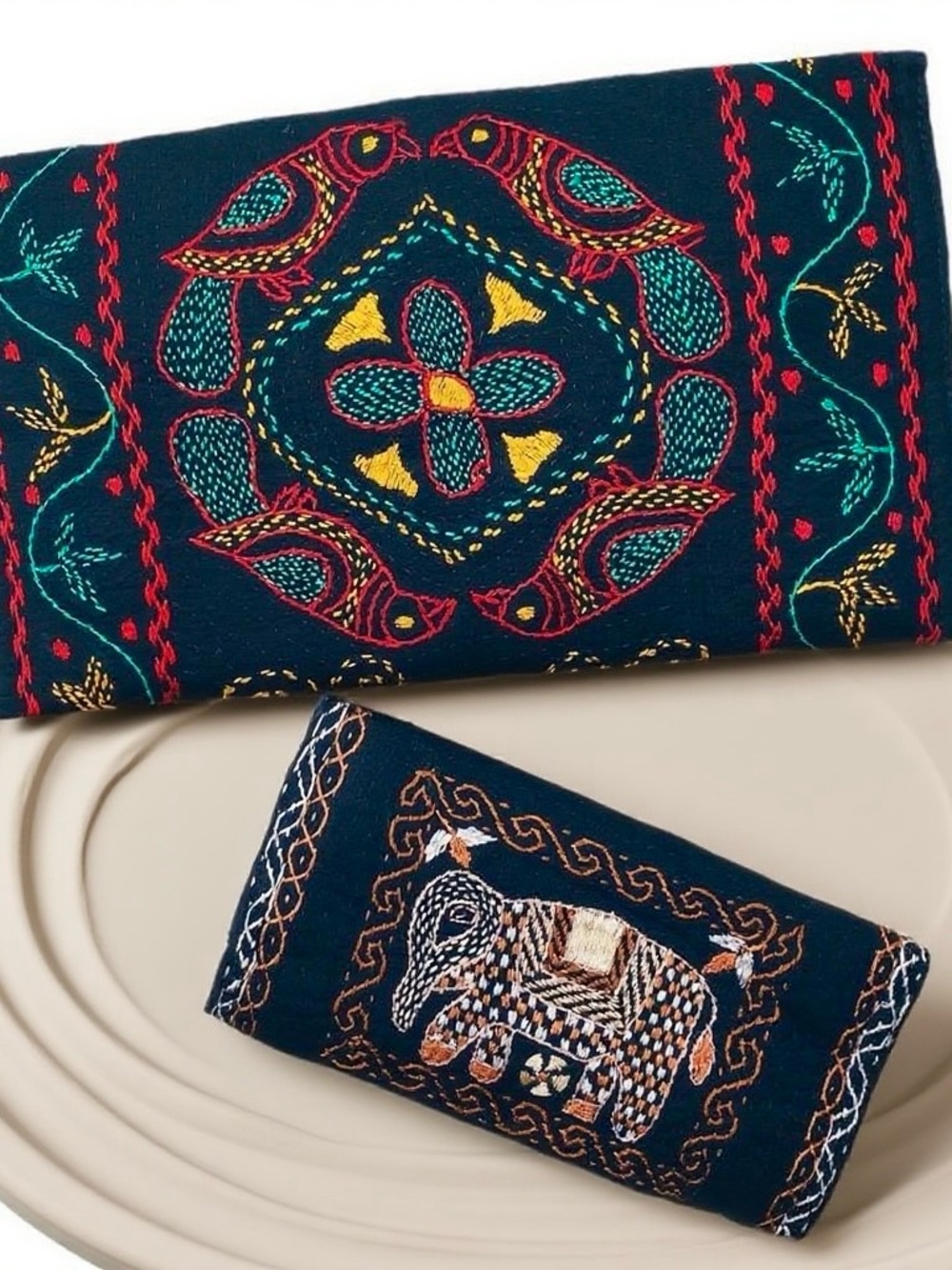 Bird & Elephant Embroidery (2) Set Small Clutch Wallet